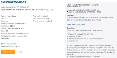 Imagem de IMÓVEIS LEILÕES CAIXA, ATENTE-SE AO ANUNCIO, IMÓVEL EM LICITAÇÃO ABERTA ATÉ 04/08 AS 10 HORAS